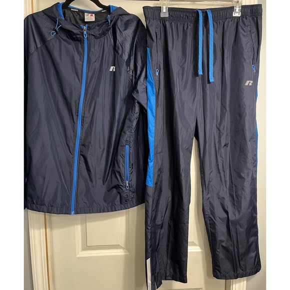 Russell Mens Track Suit Sz Large 2 Pc Jacket And Pants Set Blue Zip Pockets - Picture 1 of 15